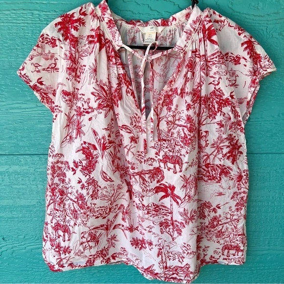 H&M TROPICAL JUNGLE RED/WHITE PRINT V-NECK COTTON CAP SLEEVE TOP SIZE LARGE - Picture 1 of 7